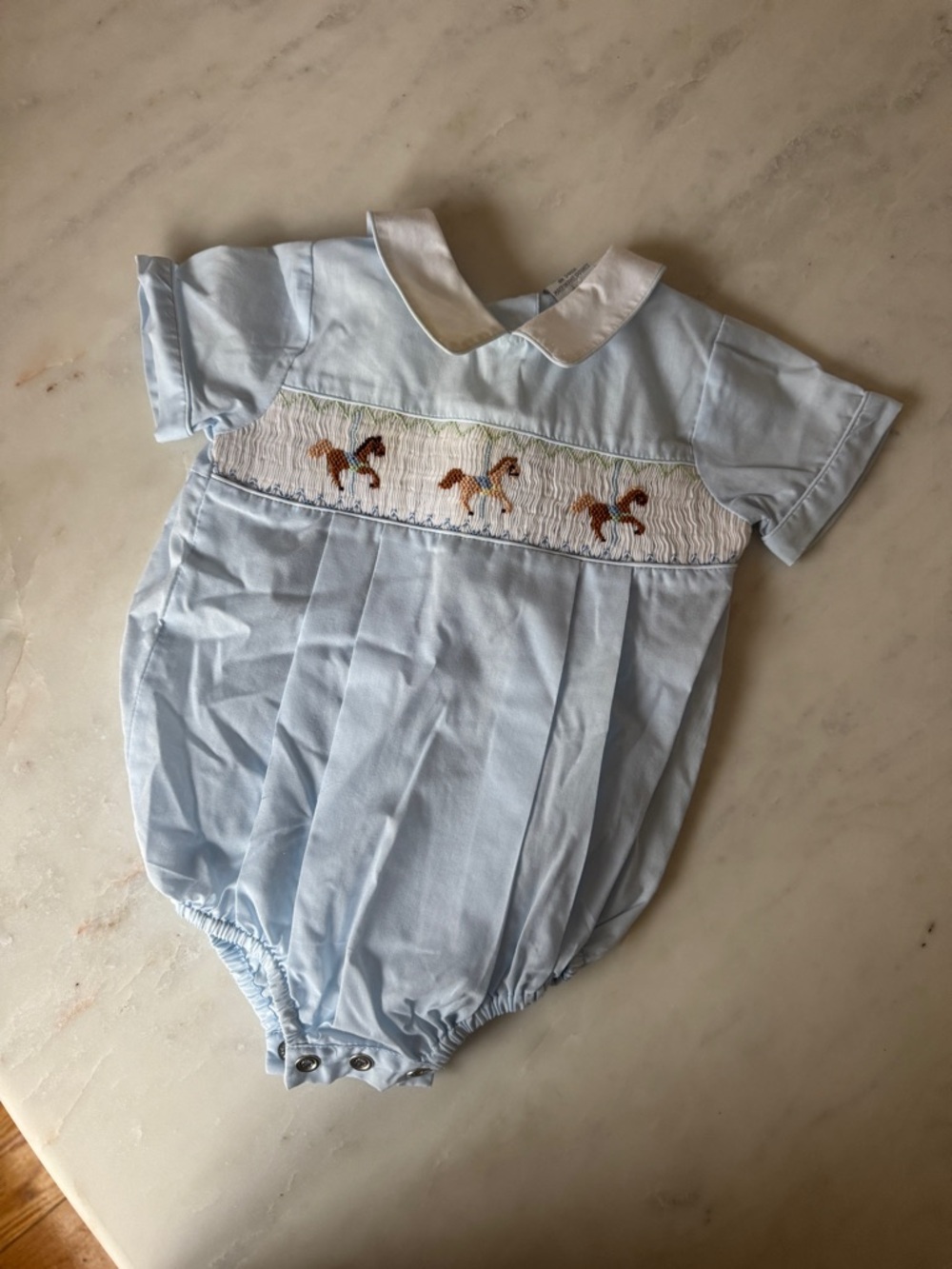 Smocked Horse Baby Bubble Romper in Light Blue